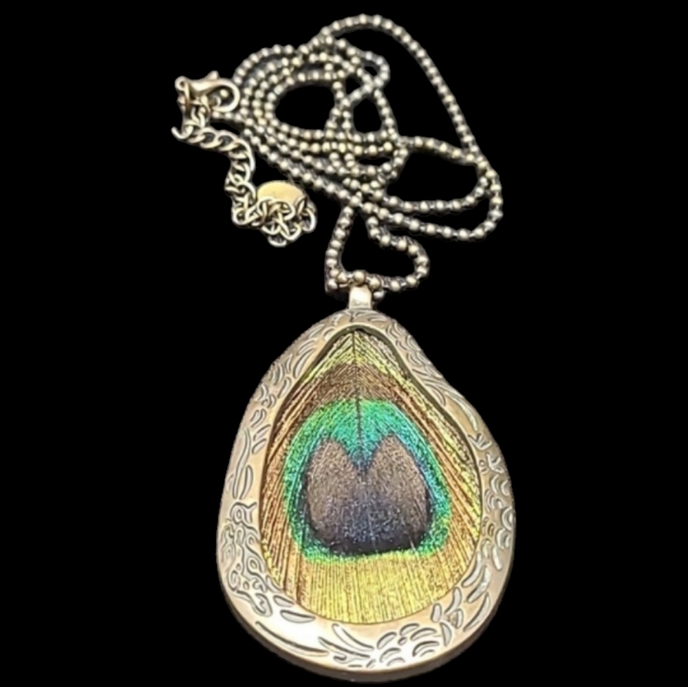 CLAIRE'S PEACOCK FEATHER BOHO NECKLACE-BRASS TONE 26" BEAD CHAIN